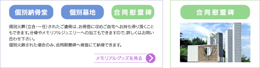 個別火葬（立合・一任）されたご遺骨は、お骨壺に収めご自宅へお持ち帰り頂くこともできます。分骨やメモリアルジュエリーへの加工もできますので、詳しくはお問い合わせ下さい。個別火葬された場合のみ、合同慰霊碑へ骨壺にて納骨できます。メモリアルグッズをご覧になる方はこちらへ 